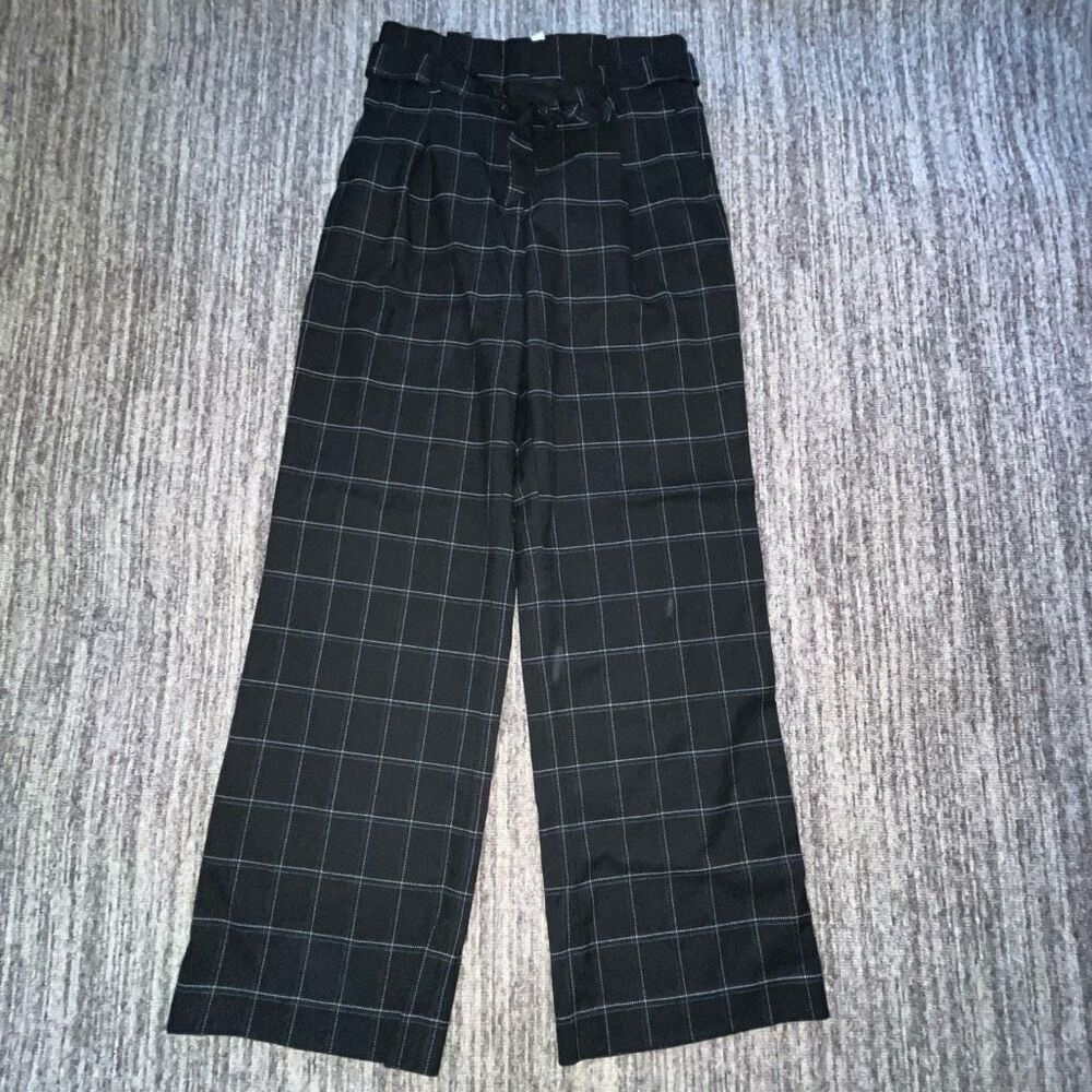 H&M Womens Size 6 Windowpane Career Dress Pants Black White Tie‎ Belt Stretch